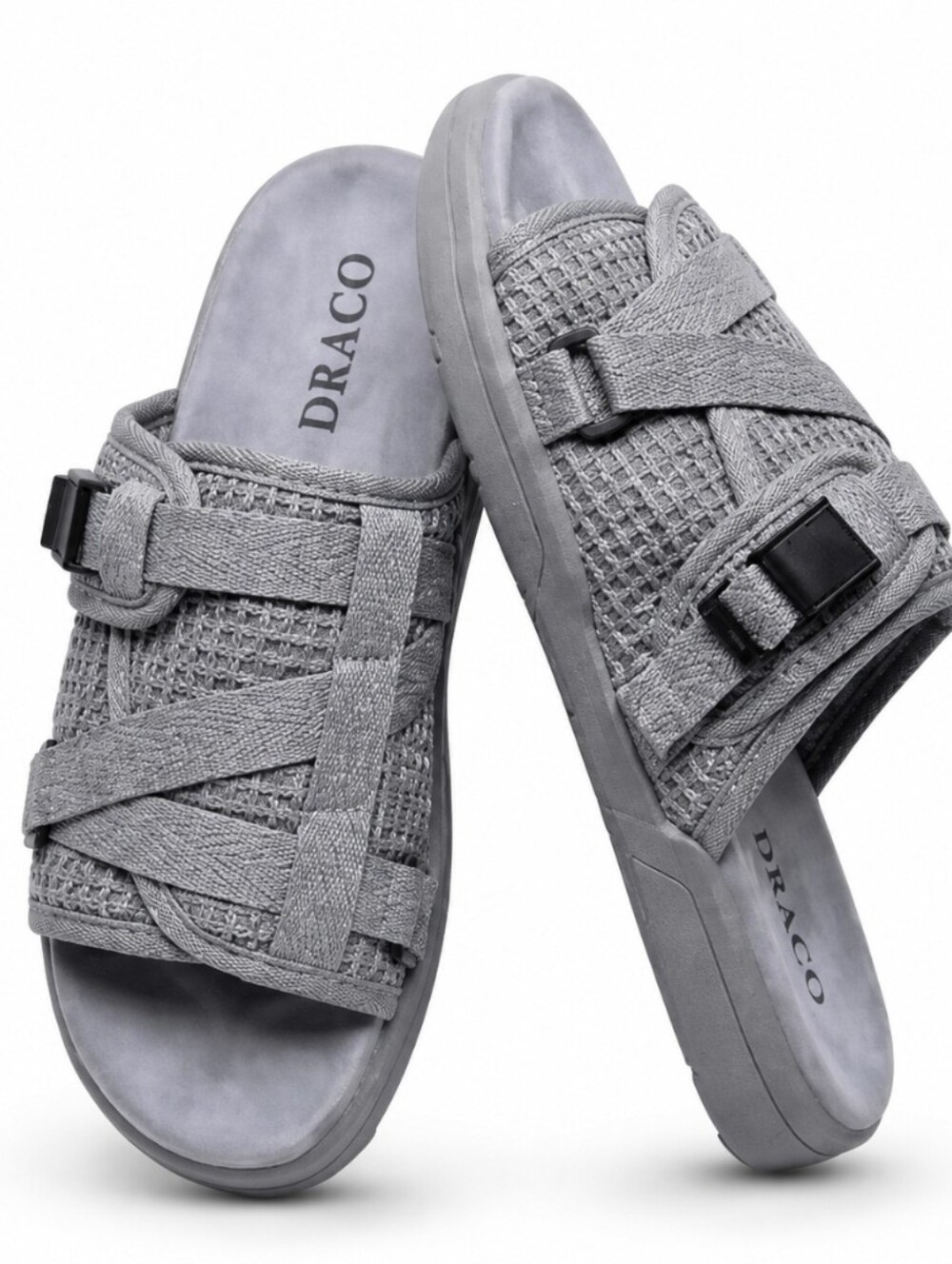 Draco DracoSlides Reflective Slides Grey Waffle Knit Adjustable Straps Sz 11-12